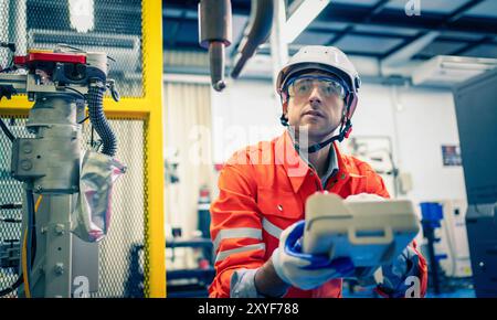 Mechanical engineering team working in robotic technology lap for research and develop for manufacturing automation and robotics. Stock Photo