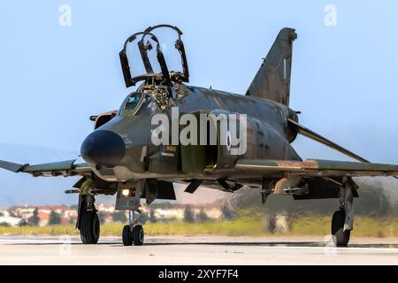 Hellenic Air Force RF-4E Phantom II fighter jet plane taxiing at Larissa Air Base. Greece - May 4, 2017. Stock Photo