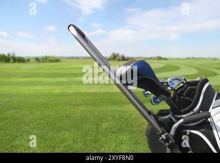 Golf clubs in golfbag, green grass background Stock Photo