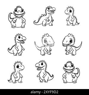 Adorable Collection of Cute Cartoon Dinosaurs in a Charming Pixel Art Style Design Stock Vector