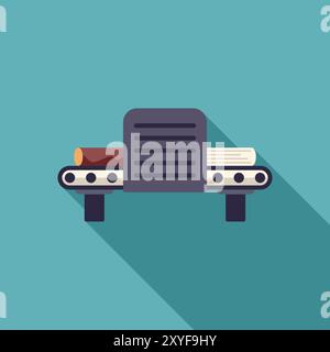 Conveyor belt wood processing machine transforming log into lumber illustration with long shadow on turquoise background Stock Vector