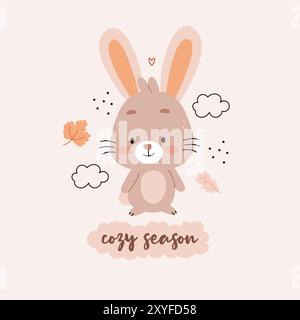 Hare among autumn leaves, and clouds. Poster for the children's room.Text cozy season. Stock Vector