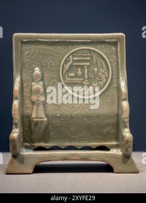 Paris, France - 07 20 2024: Cernuschi museum. Table screen with the goddess of the moon, celadon glazed sandstone, Ming, China Stock Photo