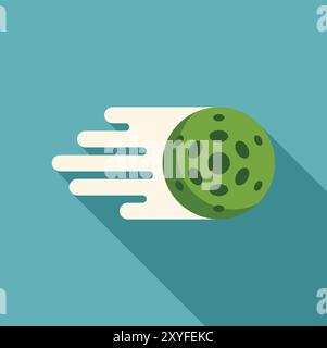 Green planet moving fast leaving white trail flat design icon with long shadow on turquoise blue background Stock Vector