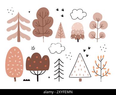 A set of forest autumn trees in the Scandinavian style. Hand drawn woodland trees. Wild botanical set. Stock Vector