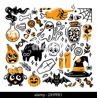 A playful collection of Halloweenthemed doodles featuring ghosts, pumpkins, and charming illustrations Stock Vector