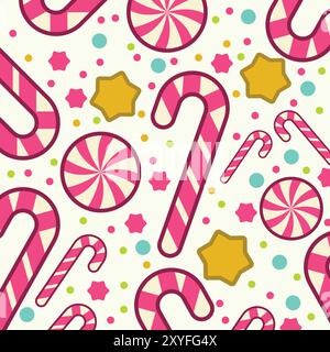 candy stick cane decoration sugar sweet striped vector illustration seamless pattern background Stock Vector