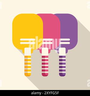 Three colorful ping pong paddles are standing in a row with long shadows behind them Stock Vector