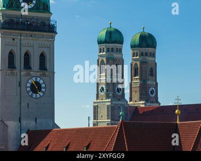 Alter Peter Tower and Church of Our Lady or Frauenkirche in Munich, Germany Stock Photo