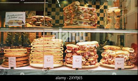 Bocadillos or Spanish breads for sale in shop windows, Castile and Leon, Spain, Europe Stock Photo