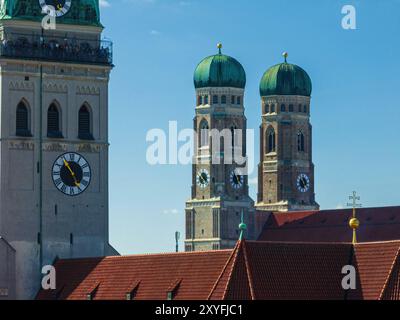 Alter Peter Tower and Church of Our Lady or Frauenkirche in Munich, Germany Aerial view of the tower of the church Alter Peter, a famous place, to loo Stock Photo