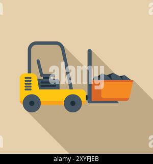 Illustration of a forklift truck lifting coal in a bucket, in flat design with long shadow Stock Vector