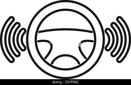 This icon represents a steering wheel emitting sound waves, symbolizing concepts like smart driving, voice control, and advanced driver assistance systems Stock Vector