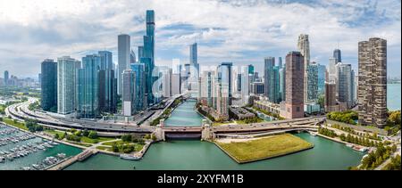 Aerial panoramic photograph of downtown Chicago, Illinois, USA. September 9, 2023. Stock Photo