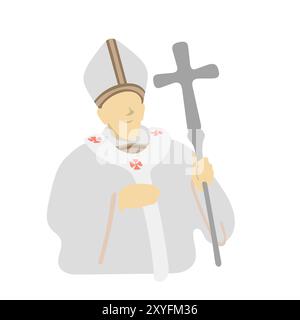 historic bishop man holding cross cane illustration vector isolated on white background Stock Vector