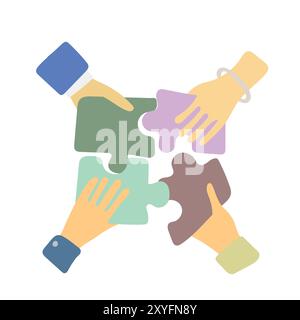 four hands holding jigsaw puzzles illustration vector isolated on white background Stock Vector