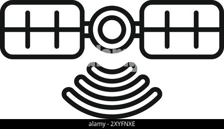 Space satellite transmitting signals, simple black line vector icon Stock Vector