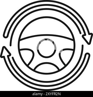Simple line drawing of a car steering wheel surrounded by two circular arrows, symbolizing driving lessons and learning to drive Stock Vector