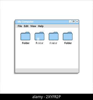 Old file explorer program in blue color with files and folders. Stock Vector