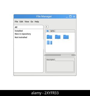 Retro file manager program with blue files and folders on screen. Stock Vector