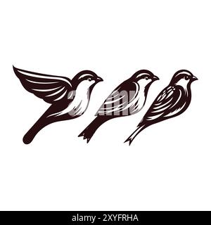 Collection of Canary Robin Sparrow Bird , Black White Style. Vector Illustration Stock Vector