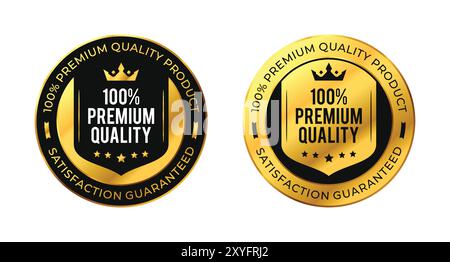100 percent premium quality satisfaction guaranteed. Vector circle black and gold isolated on white with stars and crown. For icon, logo, label, seal Stock Vector