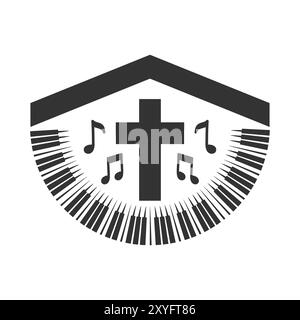 Church House Roof with Jesus Christian Cross with Note and Piano for Religion Song Illustration Stock Vector