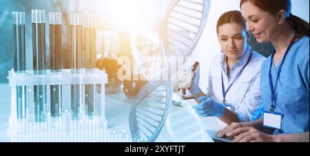 Scientists working in lab, test tubes on table and DNA, multiple exposure. Laboratory analysis. Banner design Stock Photo
