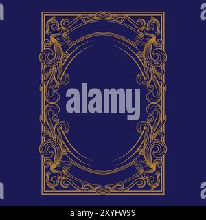 Vintage Square Royal Border Frame with Golden Art Deco Ornaments on Blue Dark Background Stock Vector