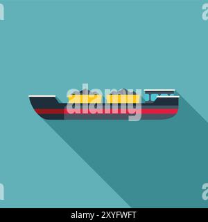 Cargo ship carrying coal in open containers sailing on blue background, long shadow style Stock Vector