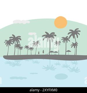Sunny Beach with Palms umbrellas illustration vector isolated on white background Stock Vector