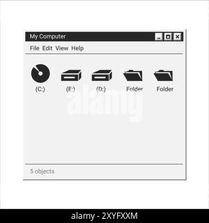 Old explorer program in black colors with folders and disk. Stock Vector
