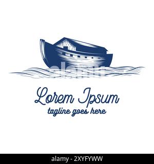 Vintage Retro Floating Wooden Noah Ark Ship Boat Vessel on the Ocean Sea Design. Vector Illustration Stock Vector