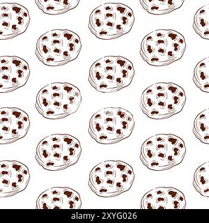 Seamless pattern with chocolate chip cookies in line art style. Perfect for bakery packaging and decorative design. Vector illustration isolated on a Stock Vector