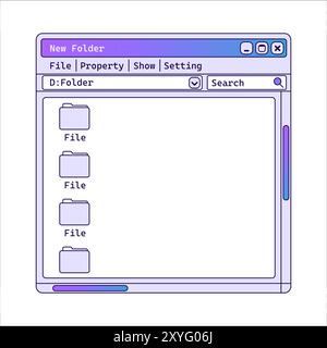 Old file explorer in retro style with gradient and folders. Stock Vector