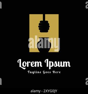Golden Initial Letter H with Wooden Honey Dipper and Jar for Hive Bee Farm Product Label Illustration Design Vector Stock Vector