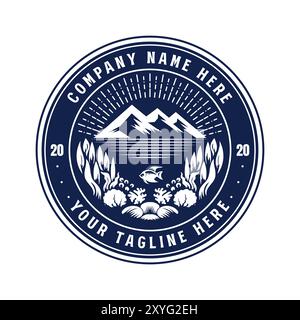 Sunset Mountain Beach Ocean Sea Reef Snail and Fish Badge Emblem Label for Aquarium Illustration Vector Stock Vector