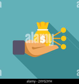Hand holding money bag with dollar sign on it and coins flying out representing investment portfolio diversification strategy Stock Vector