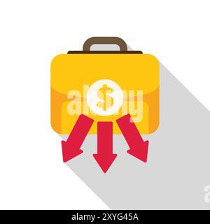 Yellow briefcase showing loss of capital with three red downward arrows and long shadow Stock Vector