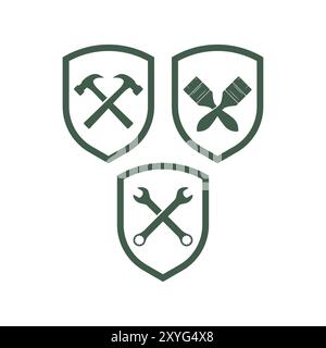 Set of Isolated Tool Equipment Hammer Wrench Paintbrush with Shield for Protection Icon Illustration Design Vector Stock Vector