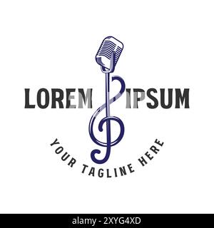 Music Notes Treble Clef and Microphone Mic Icon for Podcast Radio Broadcast for Entertainment Comedian or Sing Illustration design inspiration Stock Vector