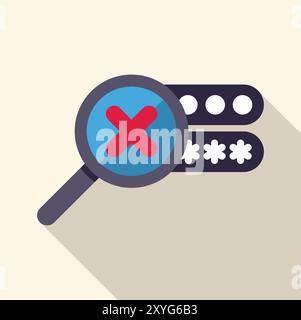 Magnifying glass showing a red cross symbol on a wrong password for login security Stock Vector