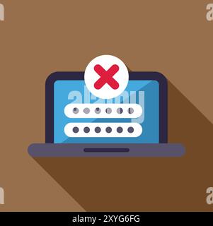 Laptop is showing wrong password notification with cross mark symbol on screen Stock Vector