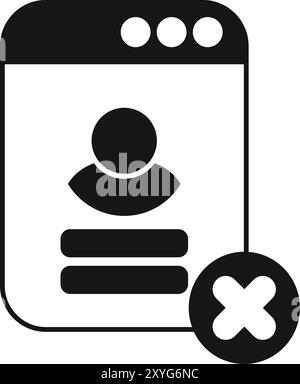 Solid icon of a webpage displaying a user profile being deleted from the server Stock Vector