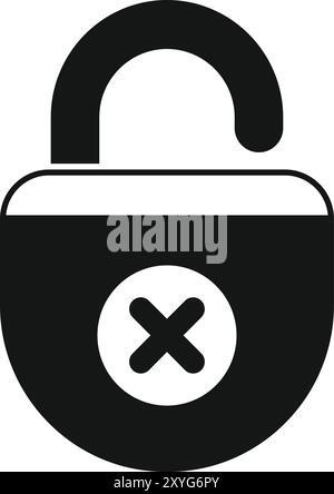Simple vector icon of an unlocked padlock with a cross sign, representing denied access or a security breach Stock Vector