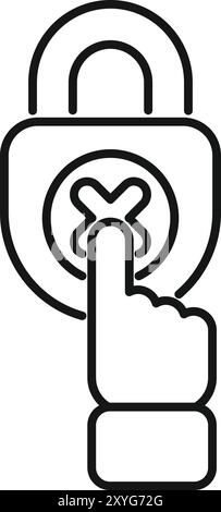 Line art vector of a hand pressing a button with a cross mark on a lock, representing a security breach Stock Vector