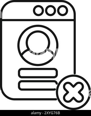 This simple vector icon represents the concept of deleting an online account, featuring a profile with an x mark Stock Vector