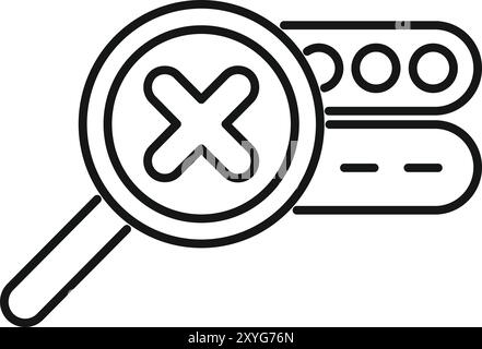 Simple vector icon representing a magnifying glass showing a cross mark, detecting a database error Stock Vector