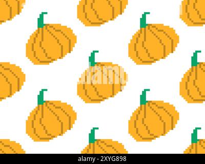Pixel pumpkins seamless pattern. Autumn background with pumpkins in 8-bit retro graphic style of the 80s. Design for wrapping, packaging, wallpaper an Stock Vector