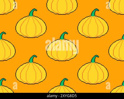 Pixel pumpkins seamless pattern. Autumn background with pumpkins in 8-bit retro graphic style of the 80s. Design for wrapping, packaging, wallpaper an Stock Vector